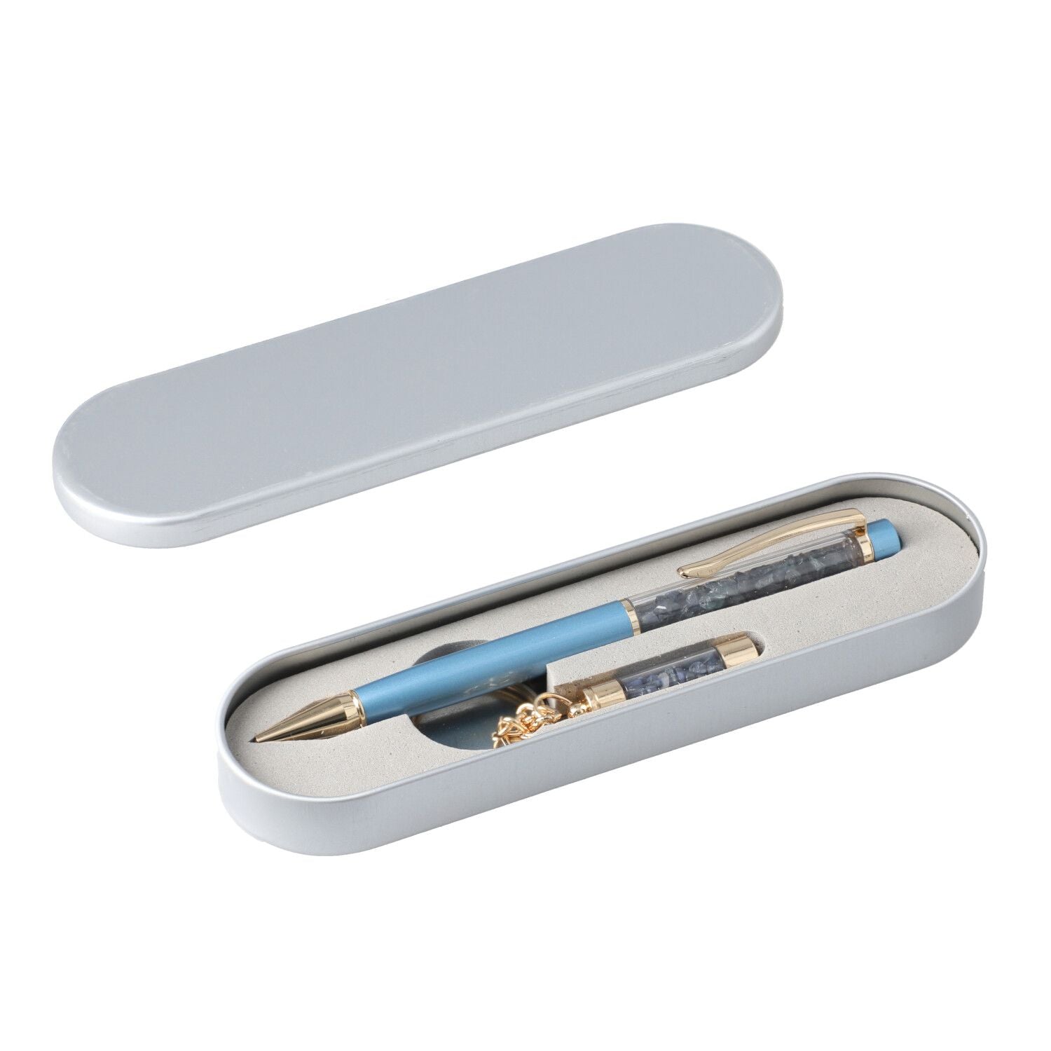 3er Set - Notizbuch mit Einband aus 100% echtem Leder, Kugelschreiber und Schlüsselanhänger gefüllt mit echtem Aquamarin