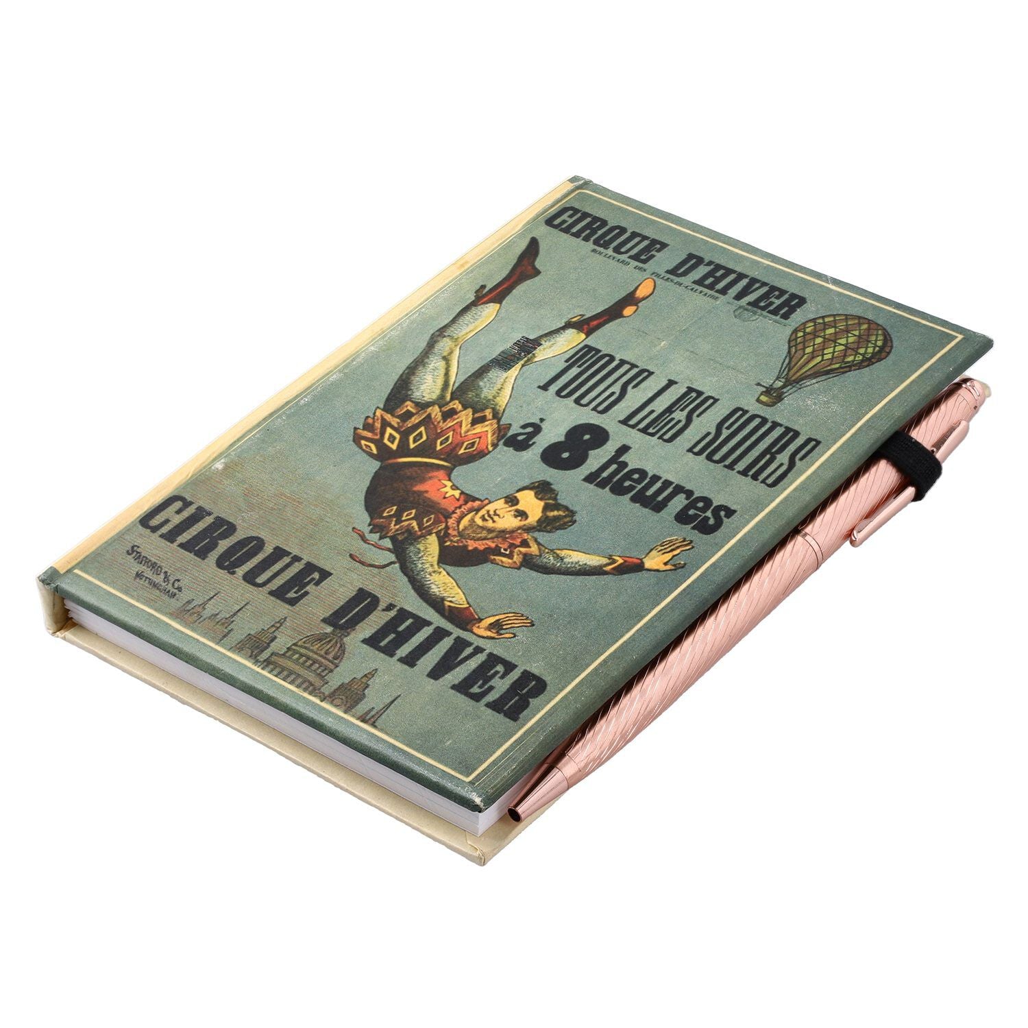 Hardcover Notizbuch mit Kupfer Kugelschreiber, Zirkus-Muster, grün