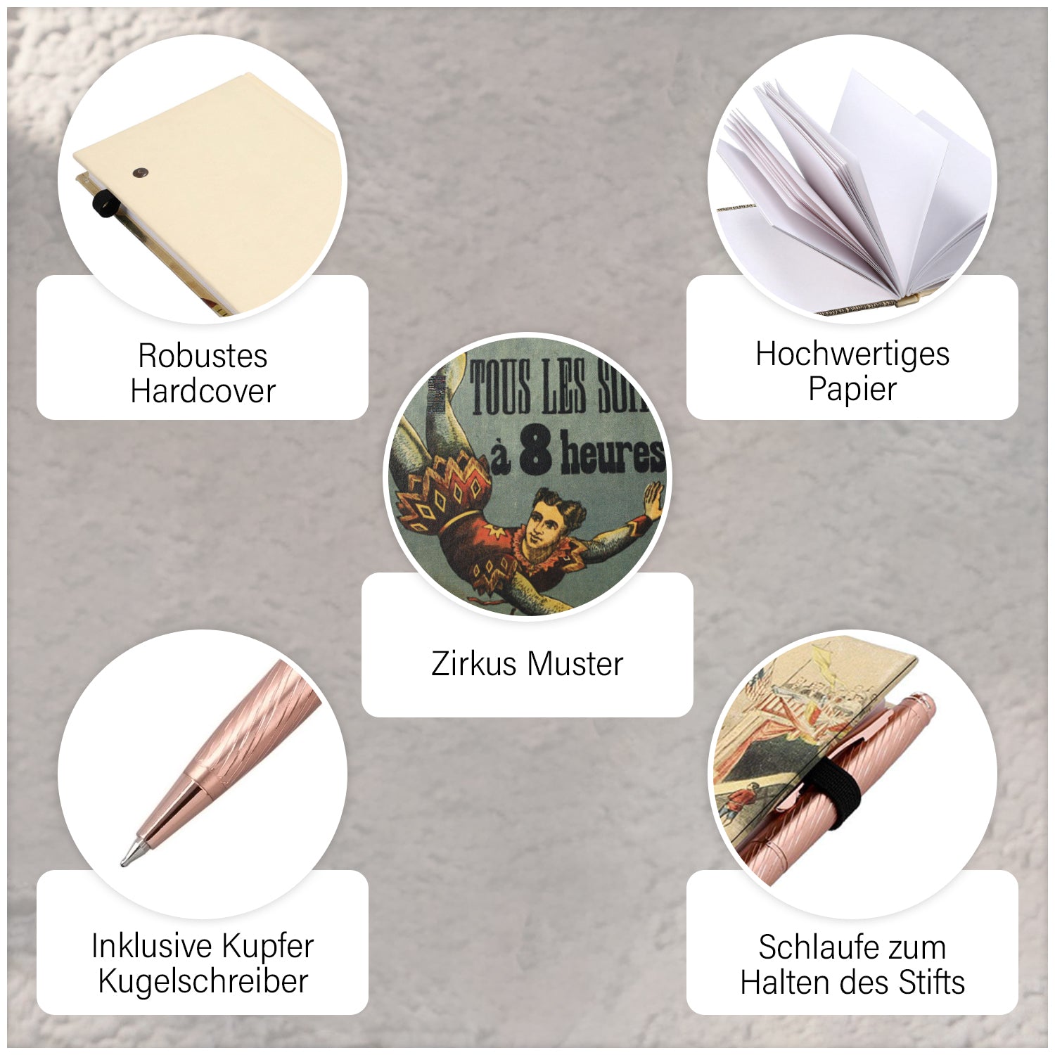 Hardcover Notizbuch mit Kupfer Kugelschreiber, Zirkus-Muster, grün
