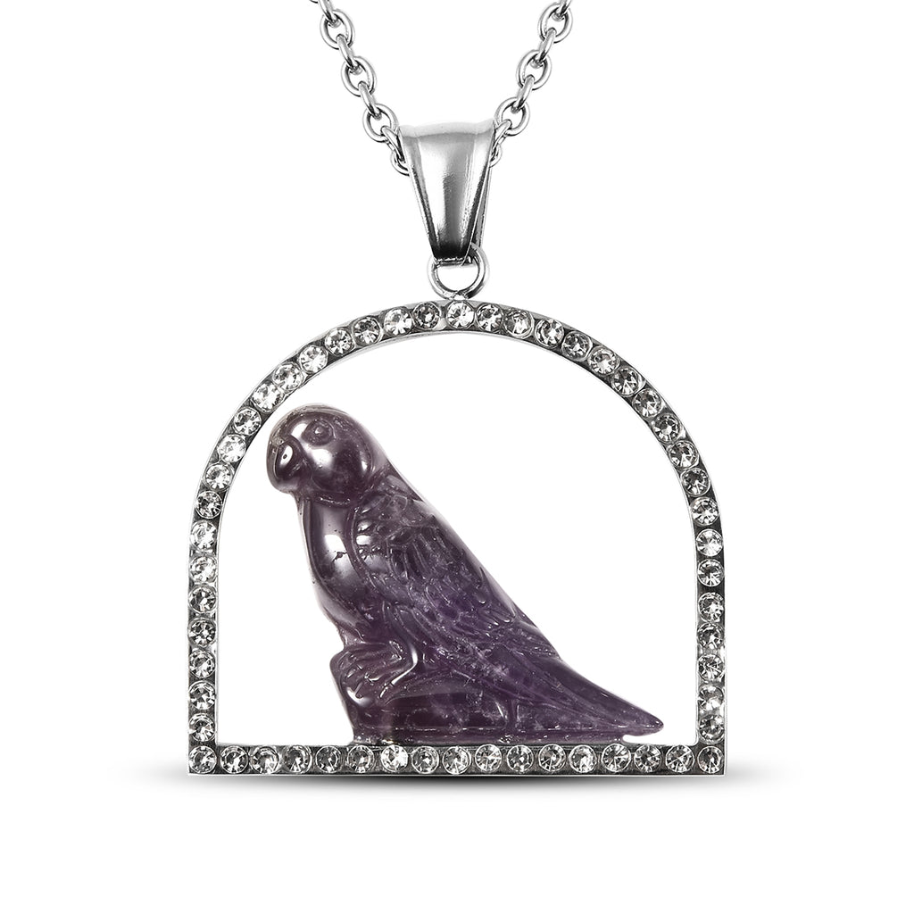 Afrikanischer Amethyst und Kristall Spatz-Anhänger mit Kette, 50 cm in Edelstahl ca. 17,10 ct