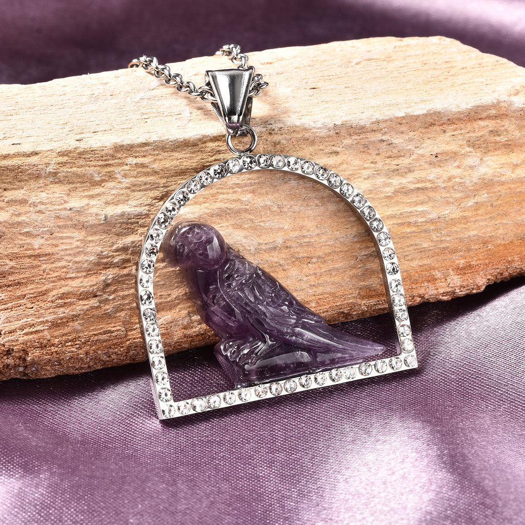 Afrikanischer Amethyst und Kristall Spatz-Anhänger mit Kette, 50 cm in Edelstahl ca. 17,10 ct
