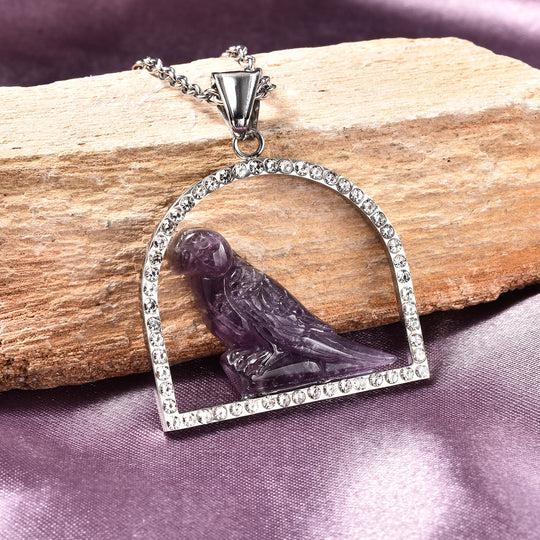Afrikanischer Amethyst und Kristall Spatz-Anhänger mit Kette, 50 cm in Edelstahl ca. 17,10 ct
