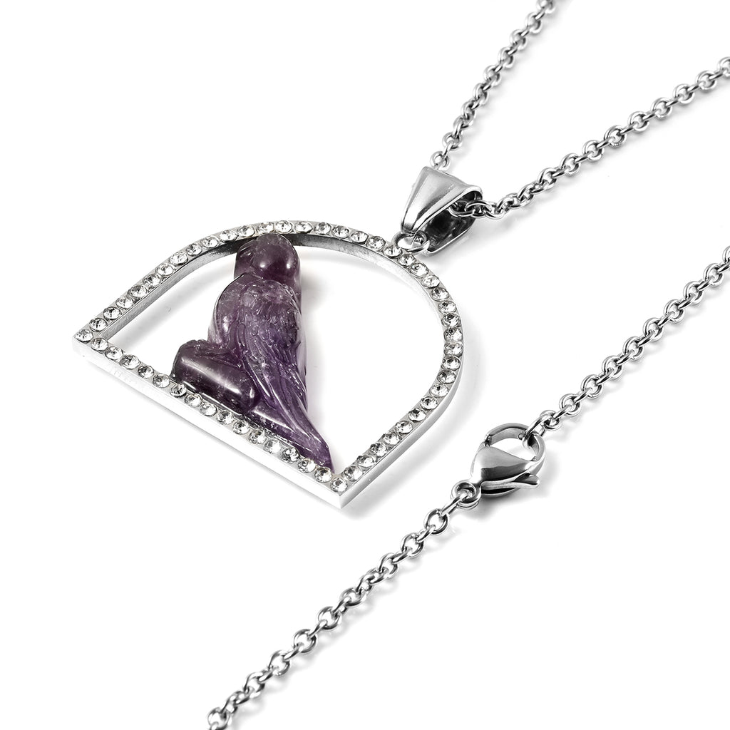 Afrikanischer Amethyst und Kristall Spatz-Anhänger mit Kette, 50 cm in Edelstahl ca. 17,10 ct