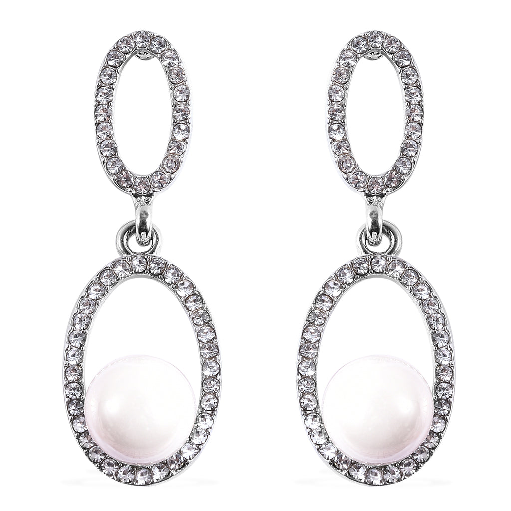 2er Set - Weißer Kristall, Weiße Muschelkernperle Ohrringe und Halskette ca. 50 cm + 7.5 cm Extender