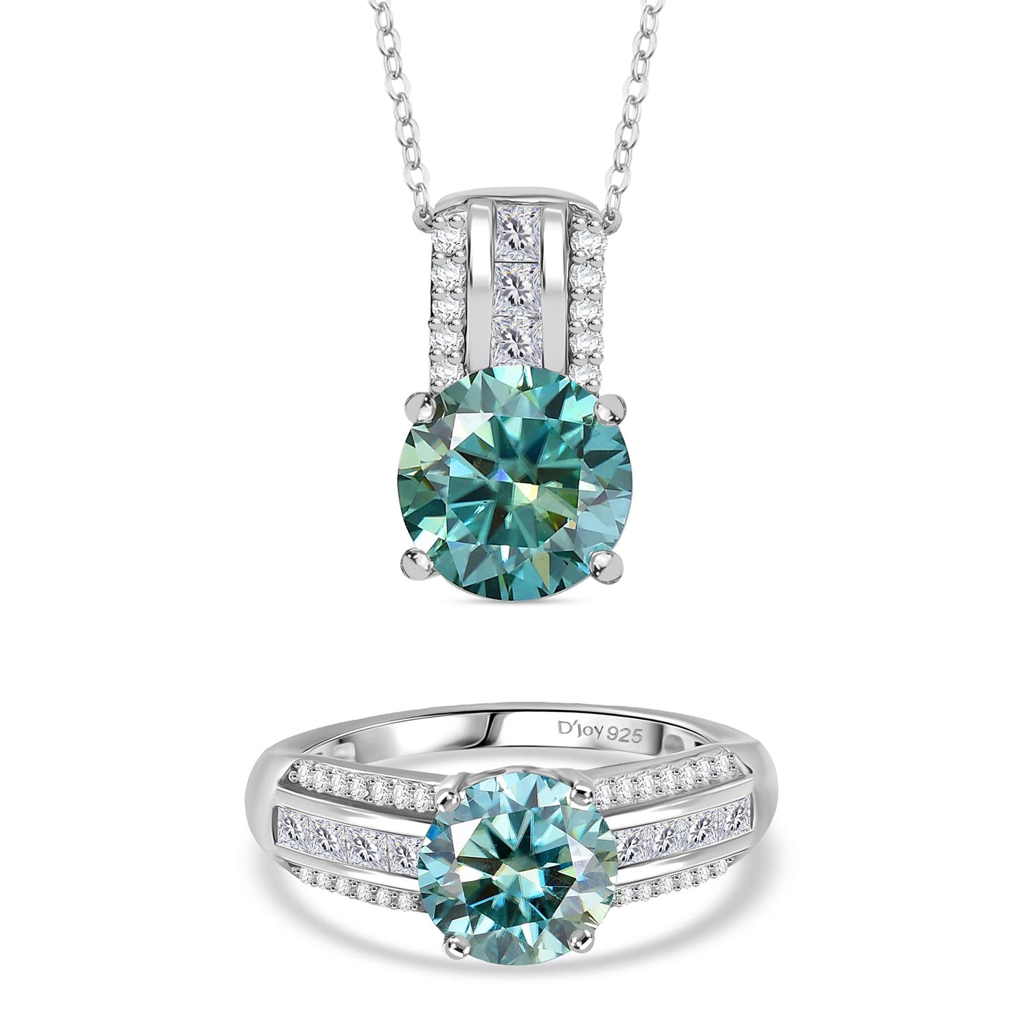 D'Joy blauer und weißer Moissanit Ring und Anhänger mit Kette