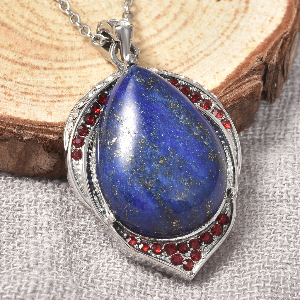 Lapislazuli und weißer Kristall-Anhänger mit Kette, 50 cm, Edelstahl ca. 17,40 ct