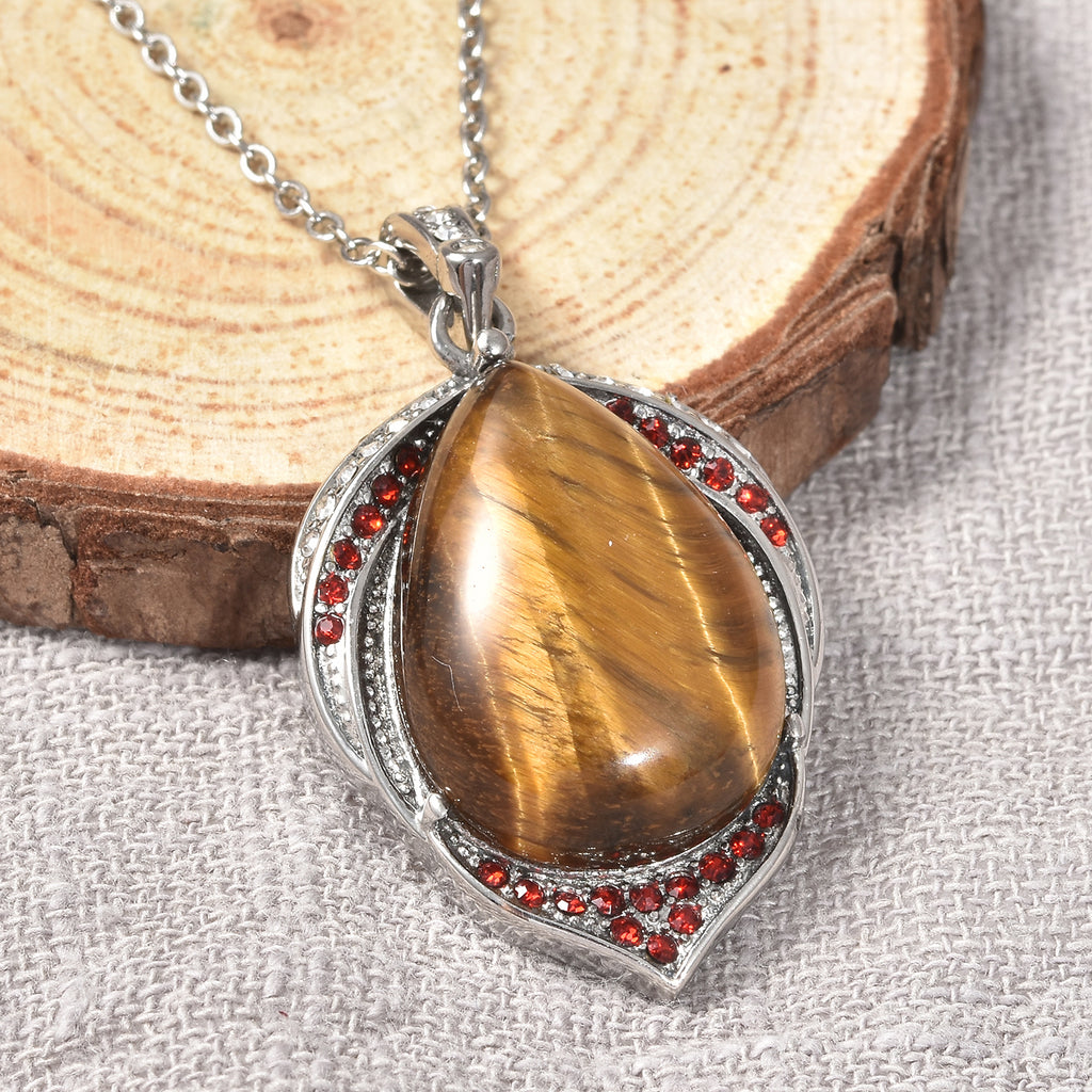 Gelber Tigerauge und weißer Kristall-Anhänger mit Kette, 50 cm, Edelstahl ca. 17,40 ct