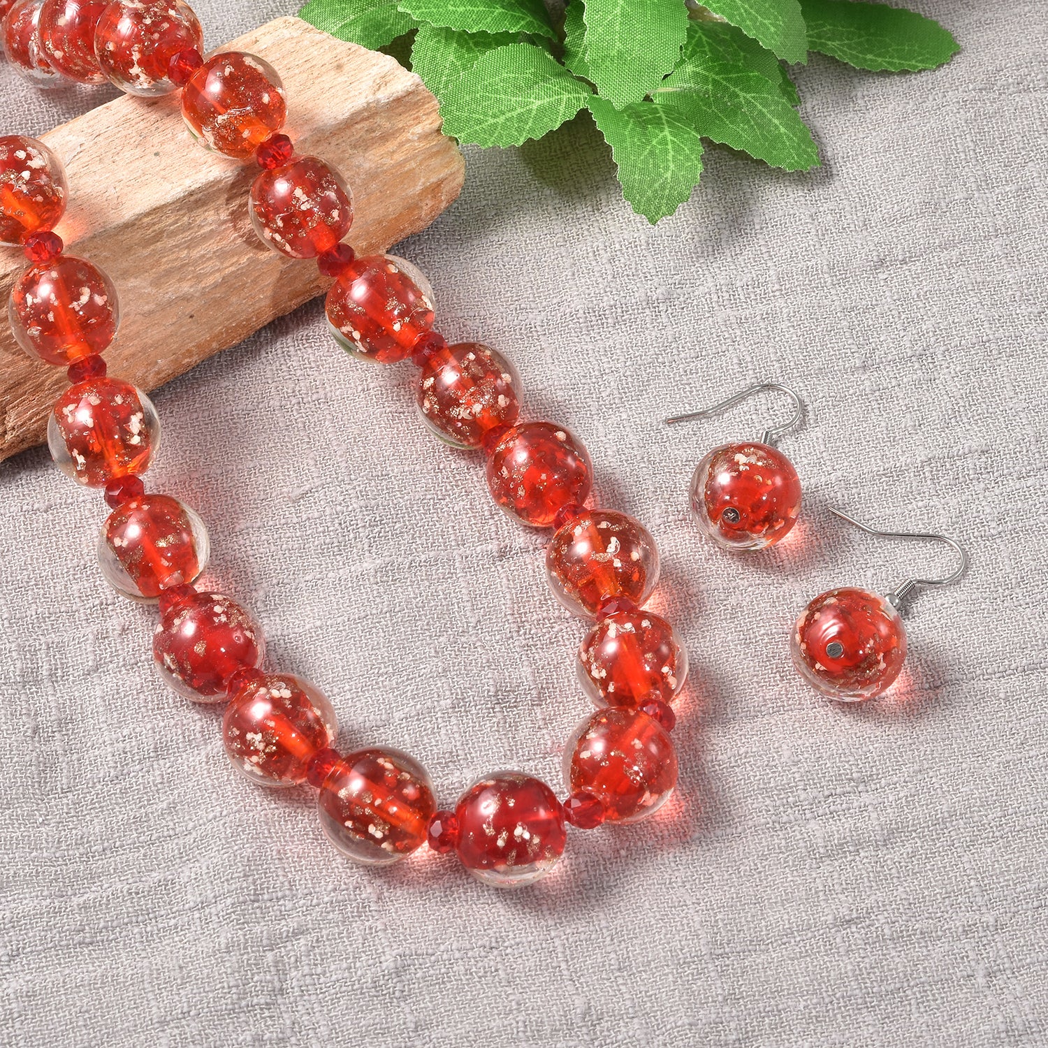 Murano-Stil - rote Glas-Halskette und Ohrringe