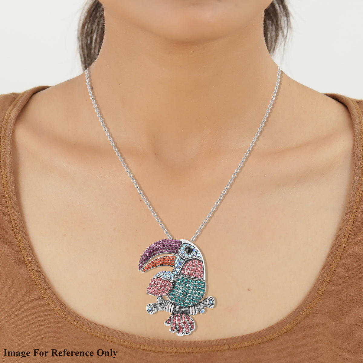 Mehrfarbige Kristall Papagei-Brosche, Anhänger mit Kette, ca. 60 cm, silberfarben ca. 4,00 ct