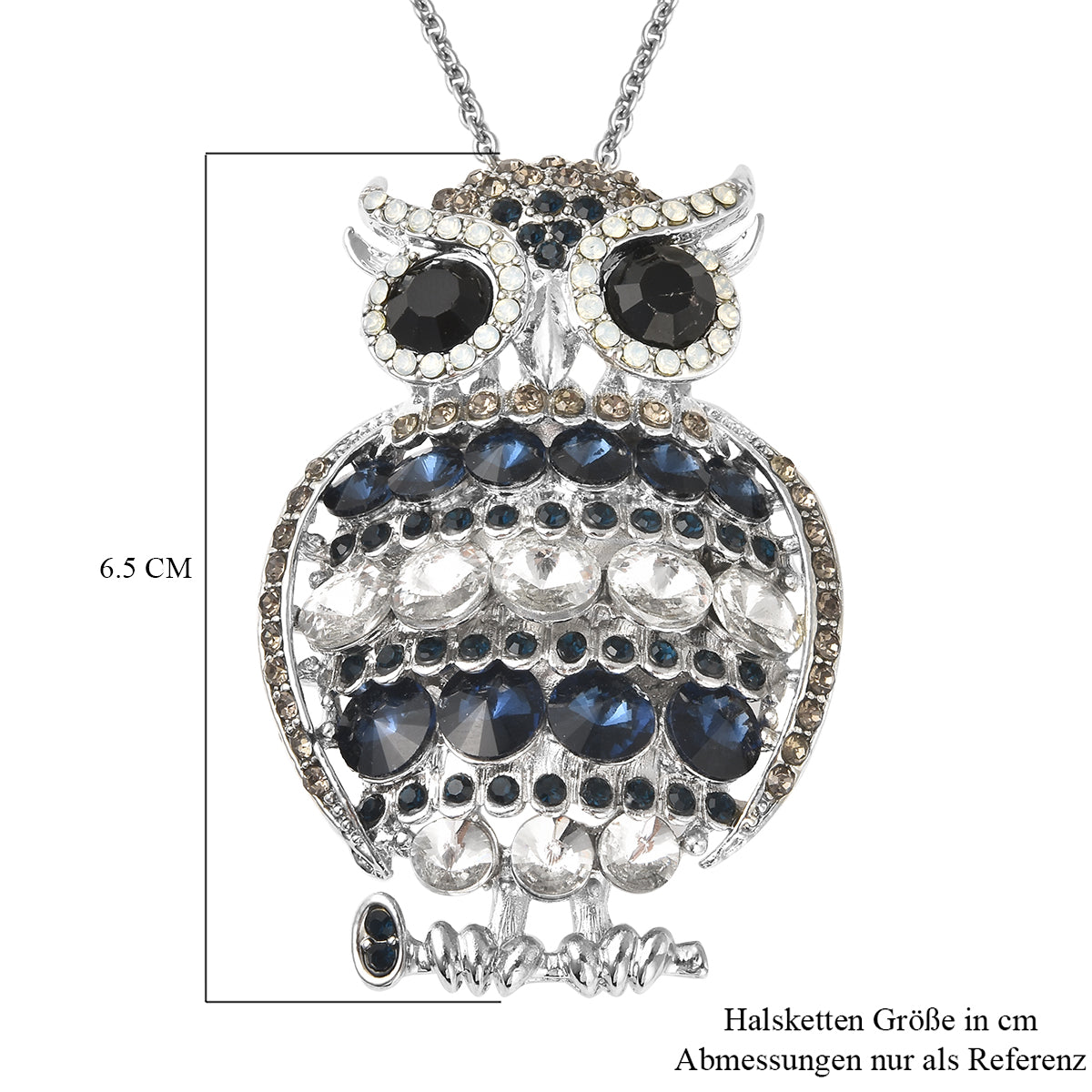 Mehrfarbige Kristall und Glas Eulen-Brosche, Anhänger mit Kette, 60 cm, silberfarben ca. 4,00 ct