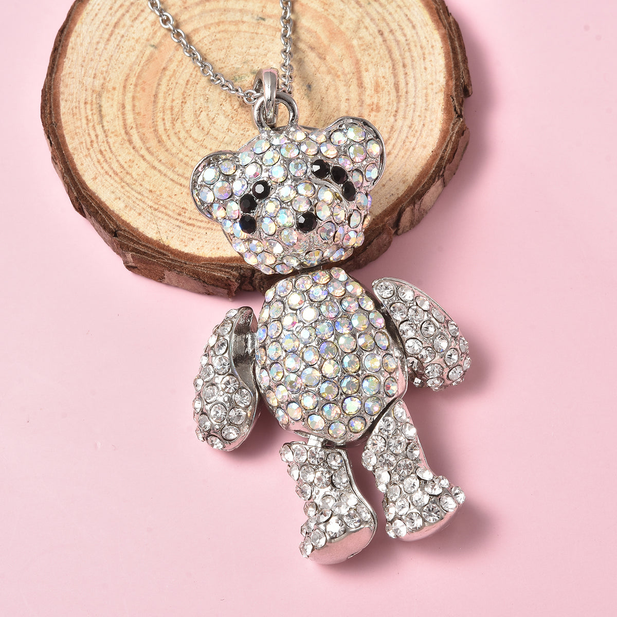 Mehrfarbiger Kristall Teddybär-Anhänger mit Kette, ca. 60+5 cm, Edelstahl