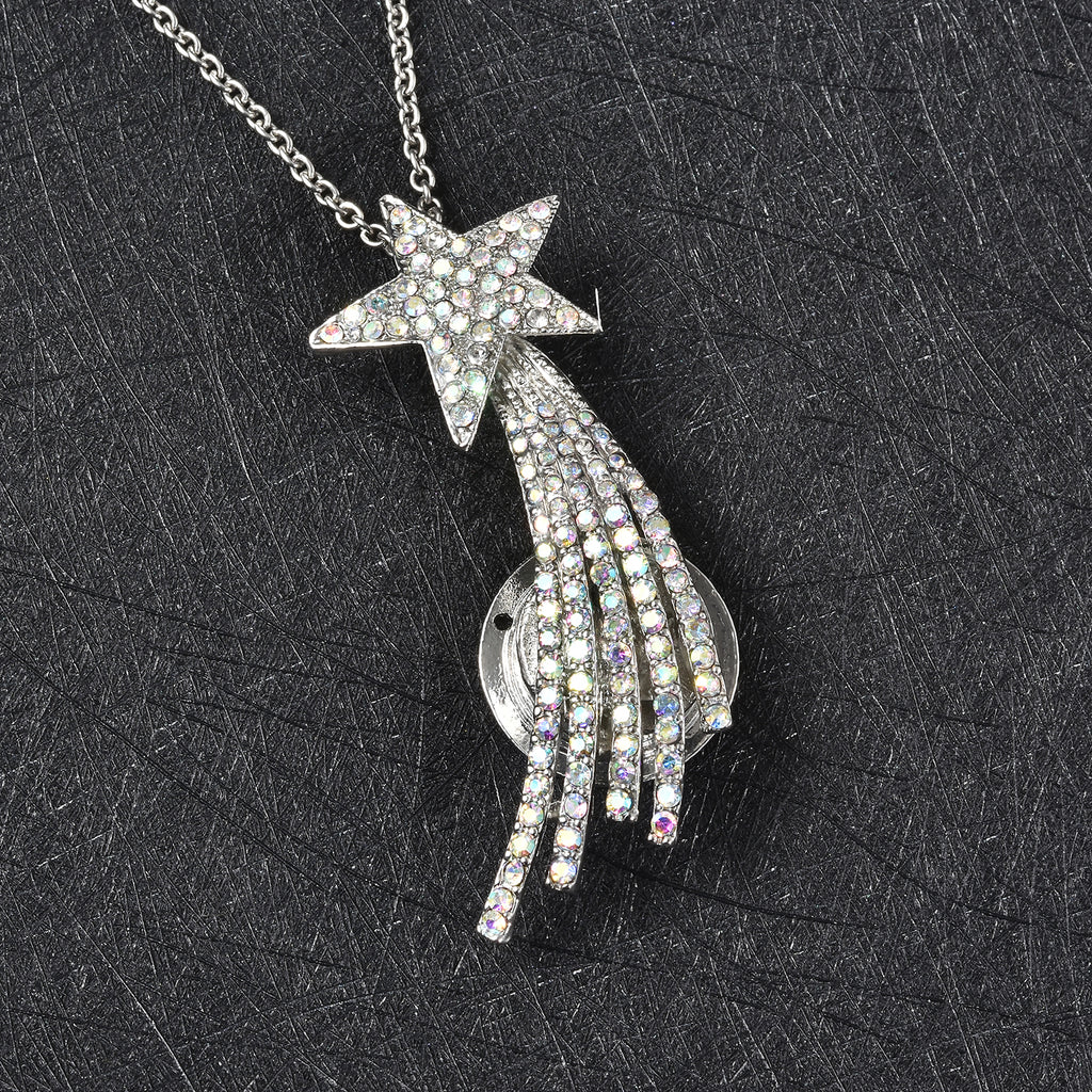 Weiße Kristall Sternschnuppen-Brosche, Anhänger mit Kette, 60 cm, silberfarben ca. 4,00 ct