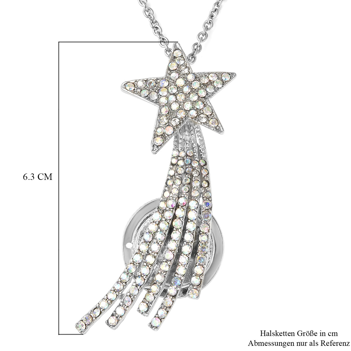 Weiße Kristall Sternschnuppen-Brosche, Anhänger mit Kette, 60 cm, silberfarben ca. 4,00 ct
