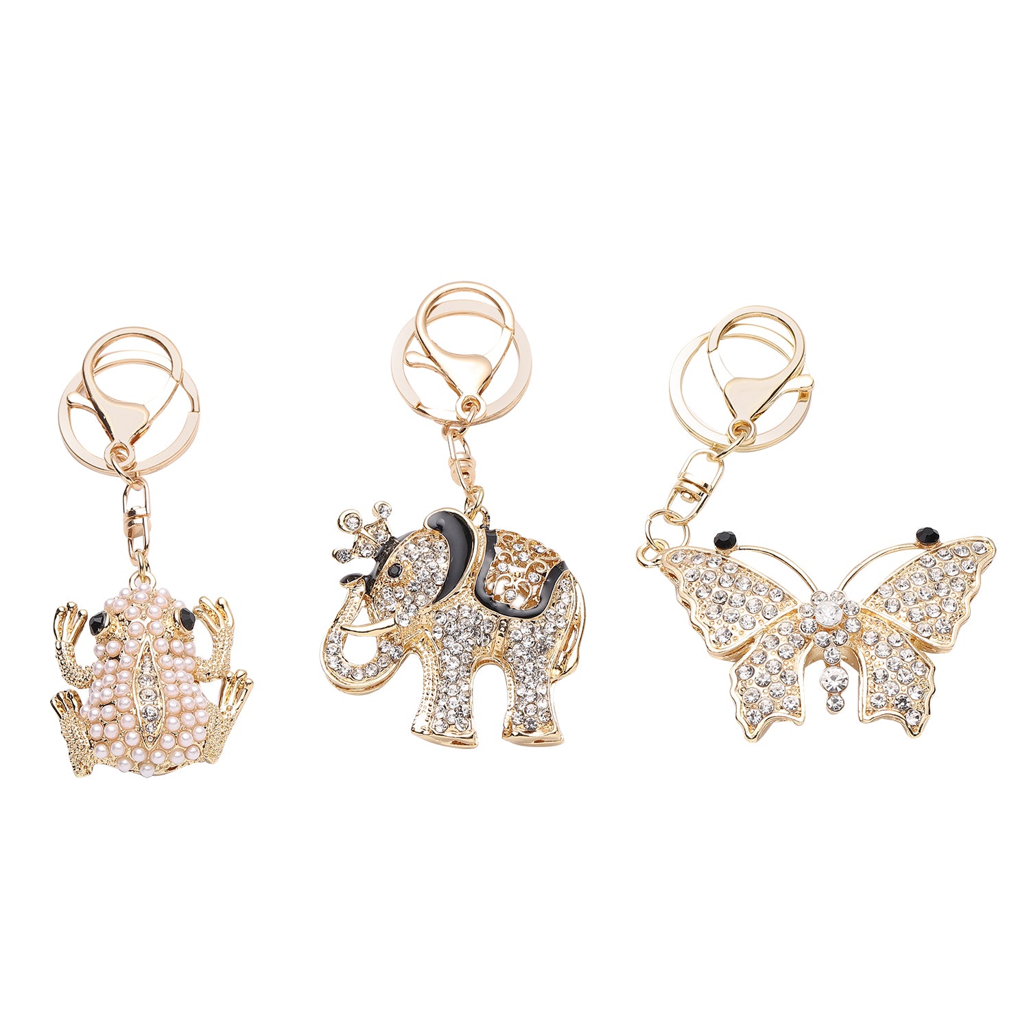 3er Set - Schwarze Kristall-Schlüsselanhänger, Elefant, Schmetterling, Frosch