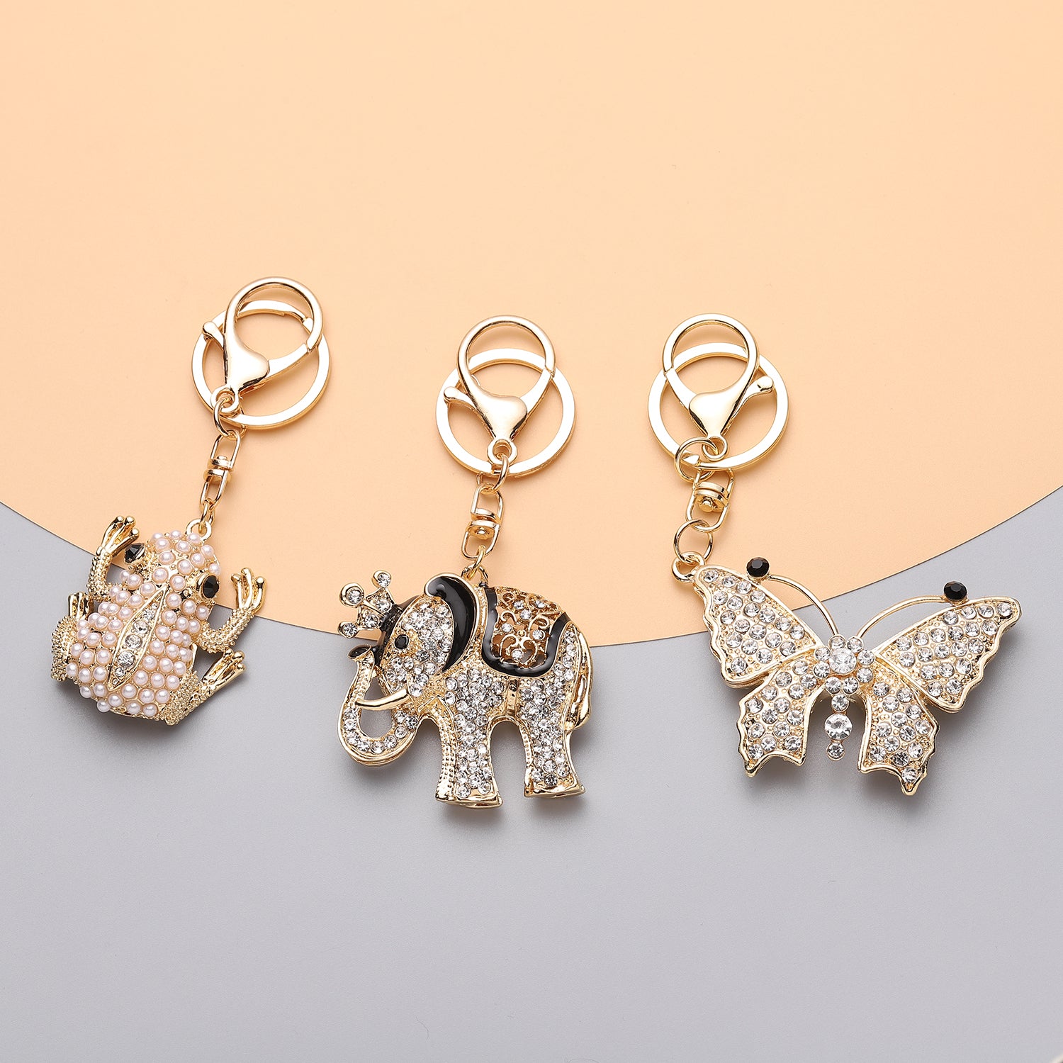 3er Set - Schwarze Kristall-Schlüsselanhänger, Elefant, Schmetterling, Frosch