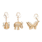 3er Set - Schwarze Kristall-Schlüsselanhänger, Elefant, Schmetterling, Frosch
