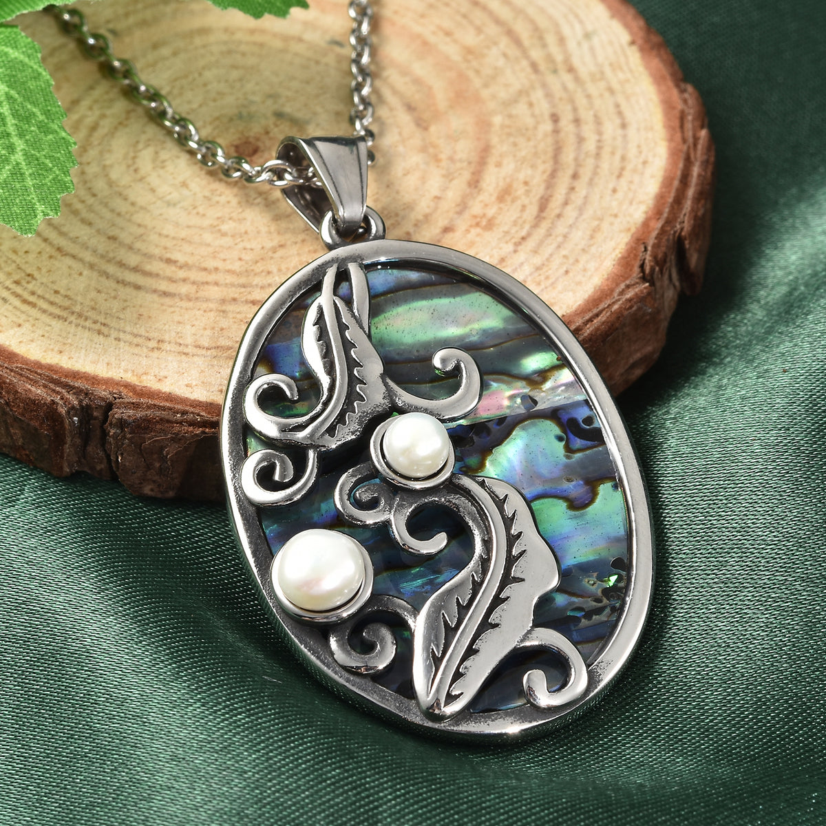 Abalone Muschel und Weiße Muschelkernperle Anhänger mit Kette ca. 50 cm Edelstahl ca. 4,00 ct