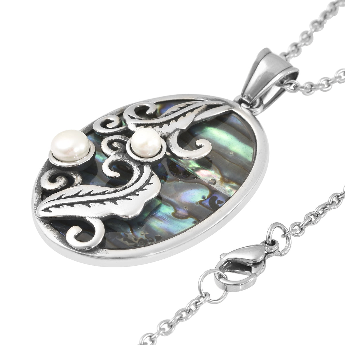 Abalone Muschel und Weiße Muschelkernperle Anhänger mit Kette ca. 50 cm Edelstahl ca. 4,00 ct
