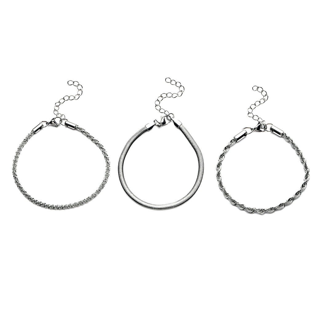 3er-Set Kordel, Franko und Panzer Stil Armbänder, ca. 19 cm, 316L Edelstahl