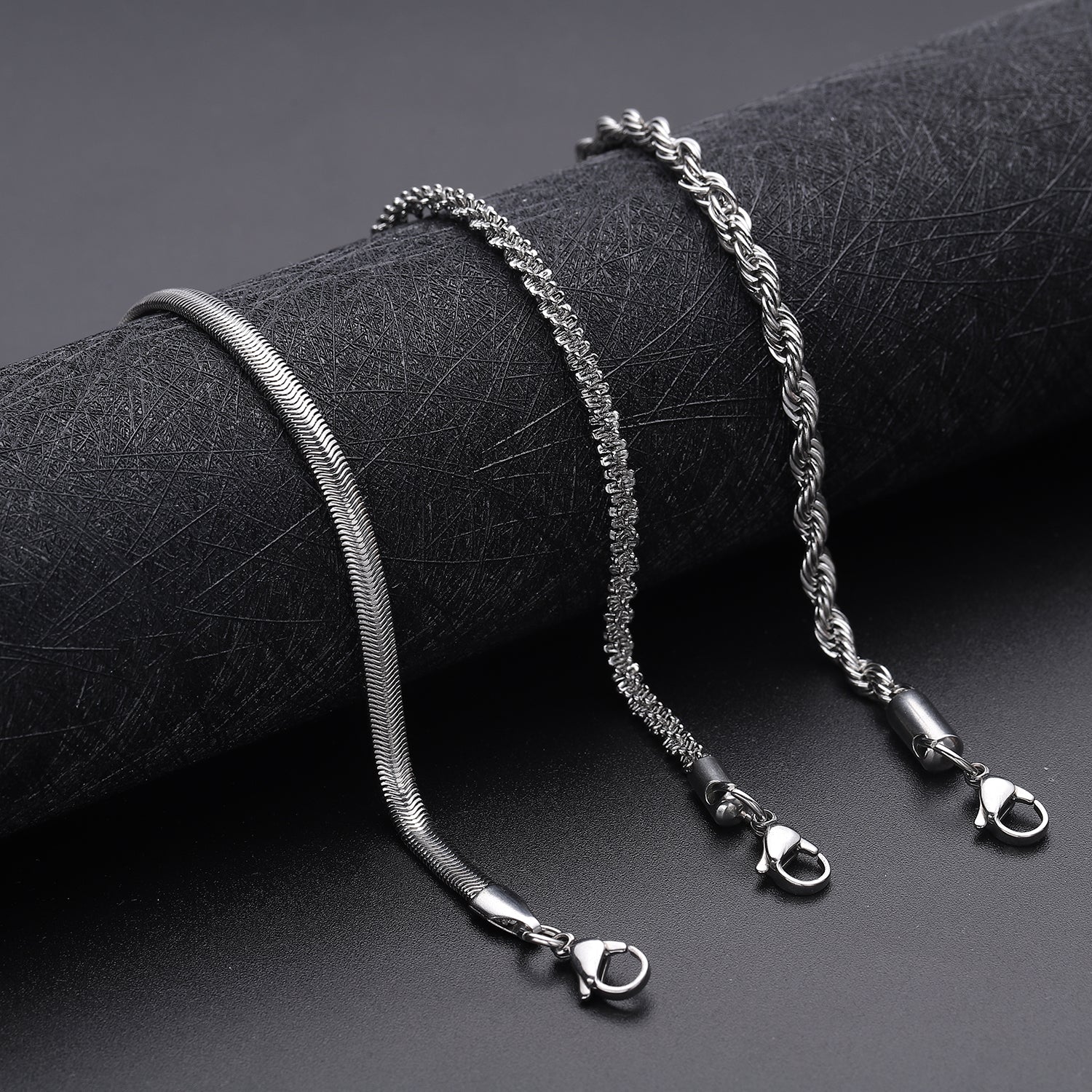 3er-Set Kordel, Franko und Panzer Stil Armbänder, ca. 19 cm, 316L Edelstahl