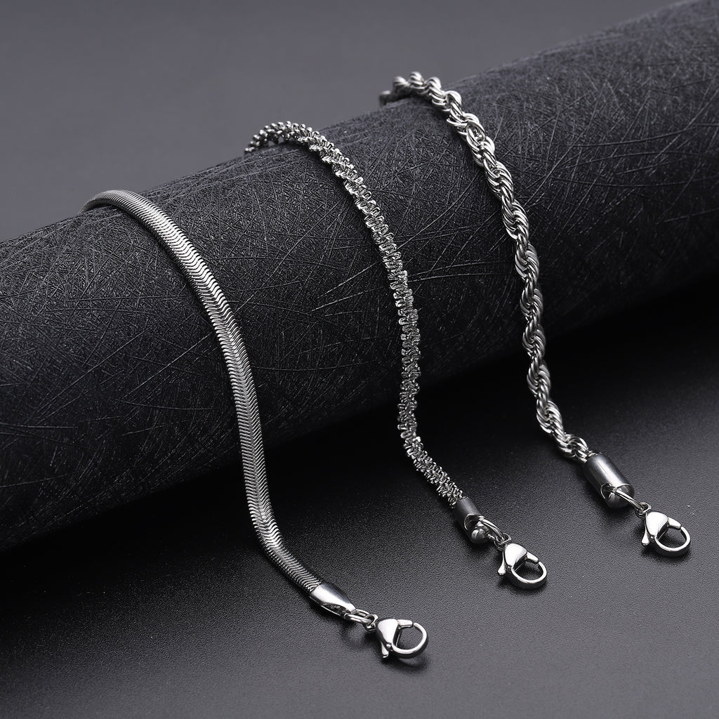 3er-Set Kordel, Franko und Panzer Stil Armbänder, ca. 19 cm, 316L Edelstahl