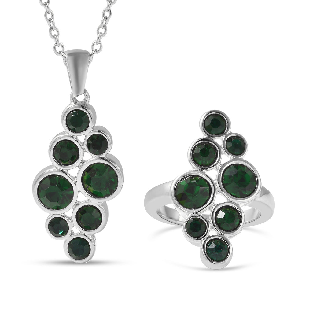 2er- Set grüner Kristall-Ring und Anhänger mit Kette, ca. 50 cm, Edelstahl