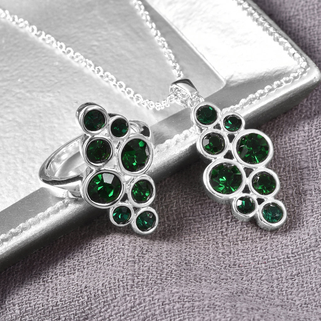 2er- Set grüner Kristall-Ring und Anhänger mit Kette, ca. 50 cm, Edelstahl
