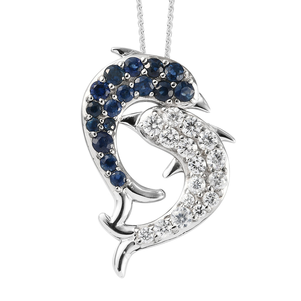Blauer Saphir und Zirkon Anhänger mit Silberkette ca. 50 cm 925 Silber platiniert ca. 2,50 ct
