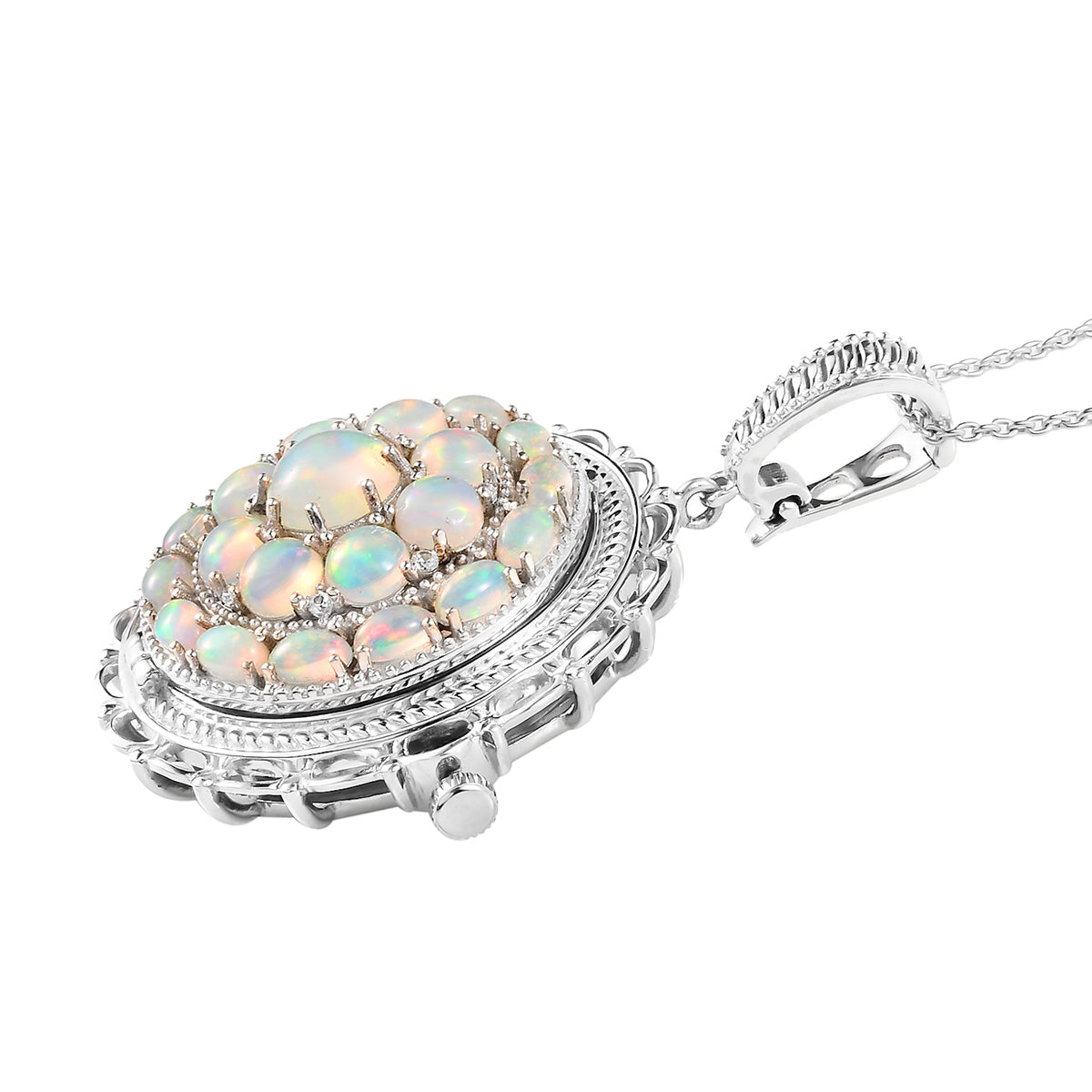 Natürlicher, äthiopischer Opal Anhänger-Uhr mit Kette, 50 cm, 925 Silber platiniert, ca. 5,87 ct