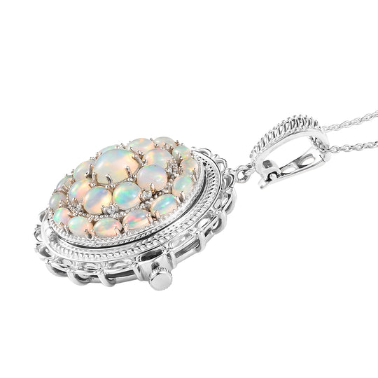 Natürlicher, äthiopischer Opal Anhänger-Uhr mit Kette, 50 cm, 925 Silber platiniert, ca. 5,87 ct