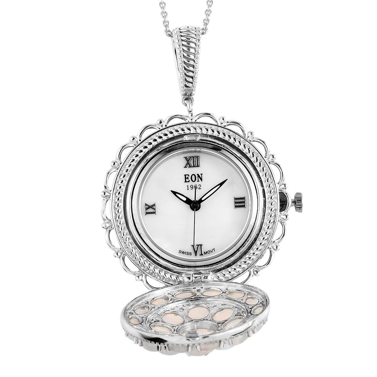 Natürlicher, äthiopischer Opal Anhänger-Uhr mit Kette, 50 cm, 925 Silber platiniert, ca. 5,87 ct