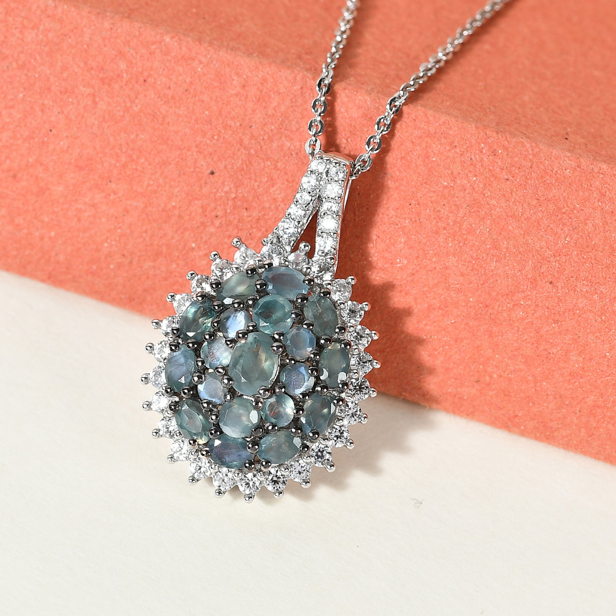 Alexandrit und Zirkon Anhänger mit Silberkette 50 cm 925 Silber platiniert ca. 2,02 ct