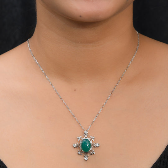 Grüner Onyx und Zirkon-Anhänger mit Kette, 50 cm, Edelstahl ca. 5,68 ct
