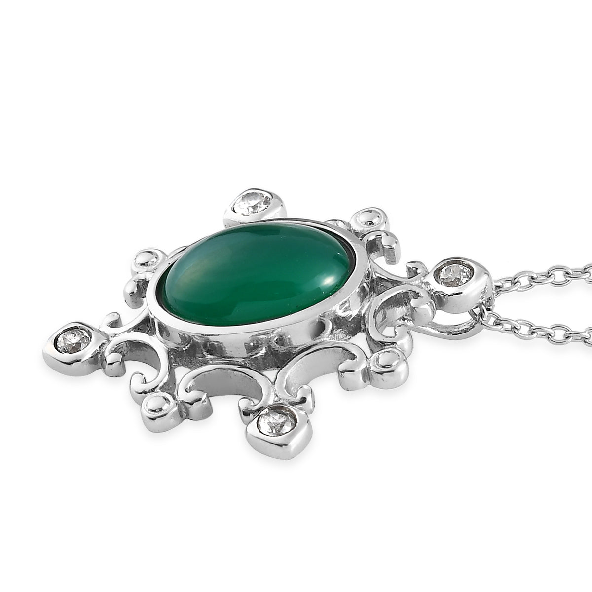 Grüner Onyx und Zirkon-Anhänger mit Kette, 50 cm, Edelstahl ca. 5,68 ct