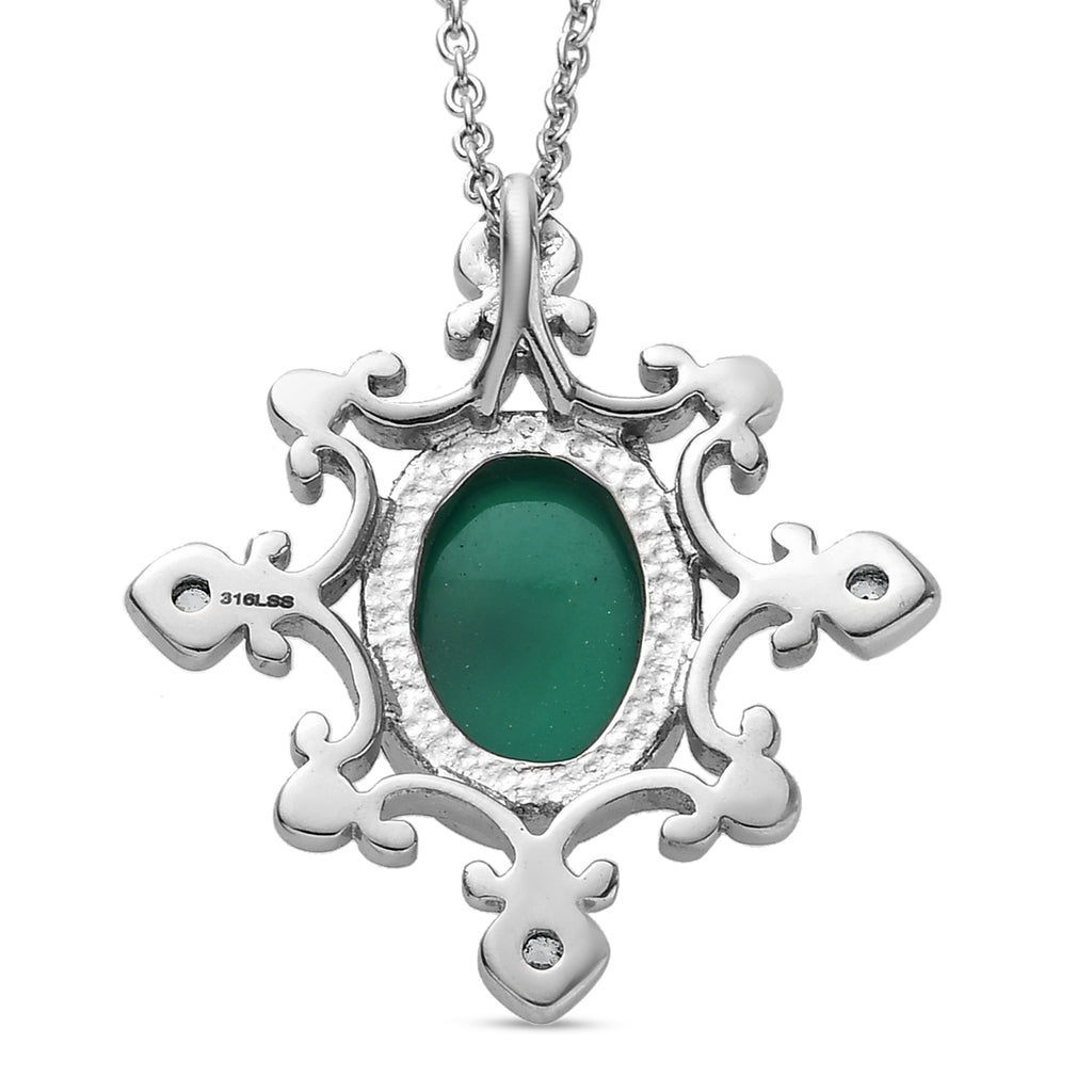 Grüner Onyx und Zirkon-Anhänger mit Kette, 50 cm, Edelstahl ca. 5,68 ct