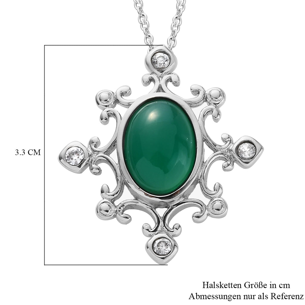 Grüner Onyx und Zirkon-Anhänger mit Kette, 50 cm, Edelstahl ca. 5,68 ct