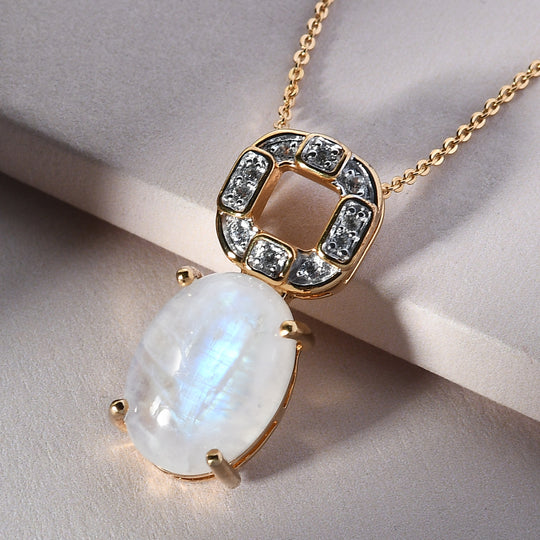 Premium Regenbogen Mondstein und Zirkon Anhänger mit  kette 50 cm 25 Silber vergoldet ca. 8,38 ct