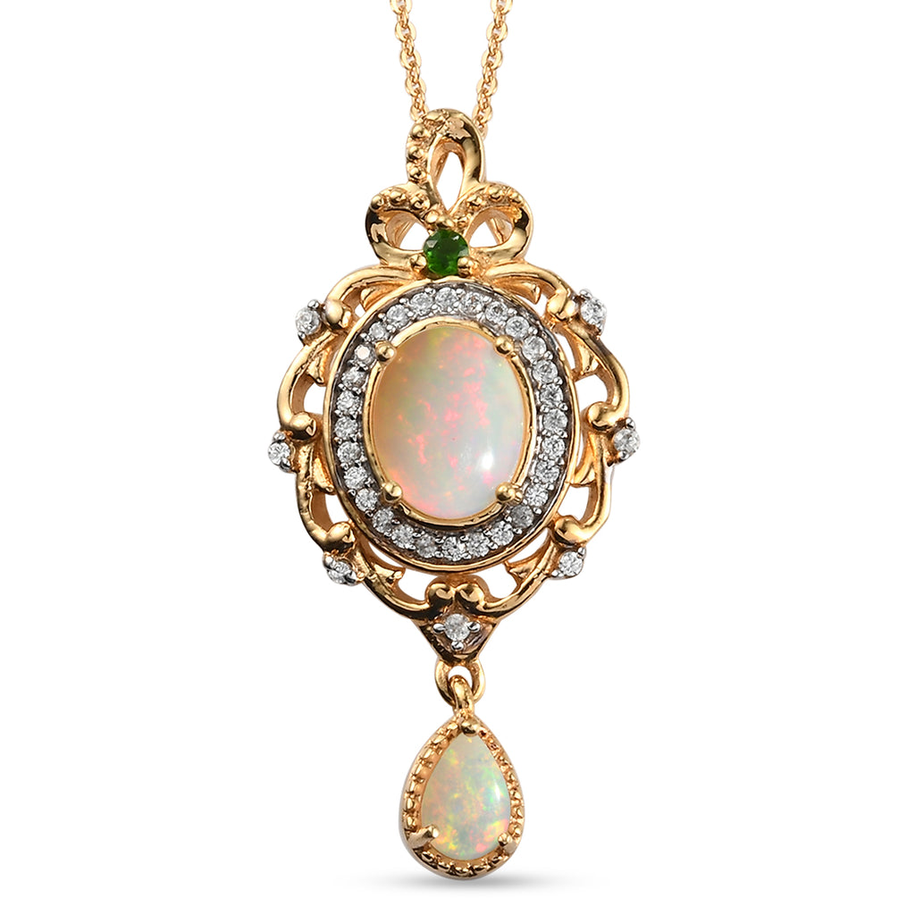 Natürlicher, äthiopischer Opal und mehrfarbiger Edelstein-Anhänger mit Kette, 50 cm, 925 Silber Gelbgold Vermeil ca. 2,02 ct
