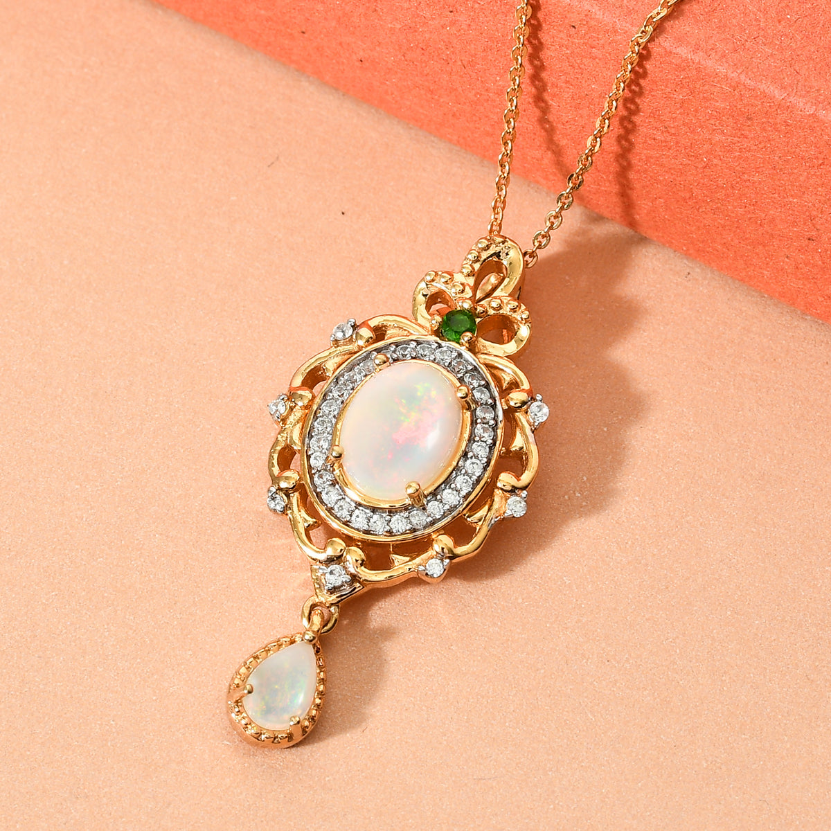 Natürlicher, äthiopischer Opal und mehrfarbiger Edelstein-Anhänger mit Kette, 50 cm, 925 Silber Gelbgold Vermeil ca. 2,02 ct