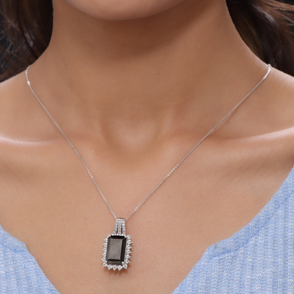 Elite Shungit und Zirkon Anhänger mit Silberkette 50 cm 925 Silber platiniert ca. 7,18 ct