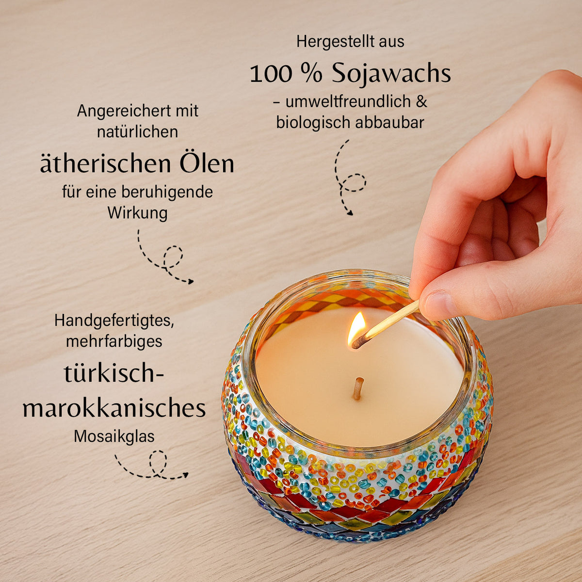 Handgefertigte Mosaikglas mit Sojawachs-Duftkerze 36 Std. Brenndauer 8ml natürliches Öl