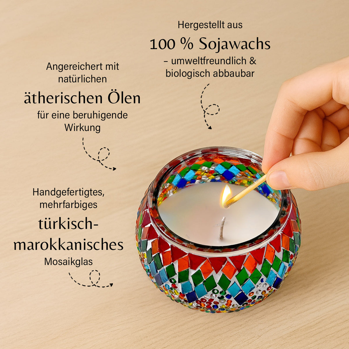 Handgefertigte Mosaikglas mit Sojawachs-Duftkerze 36 Std. Brenndauer 8ml natürliches Öl
