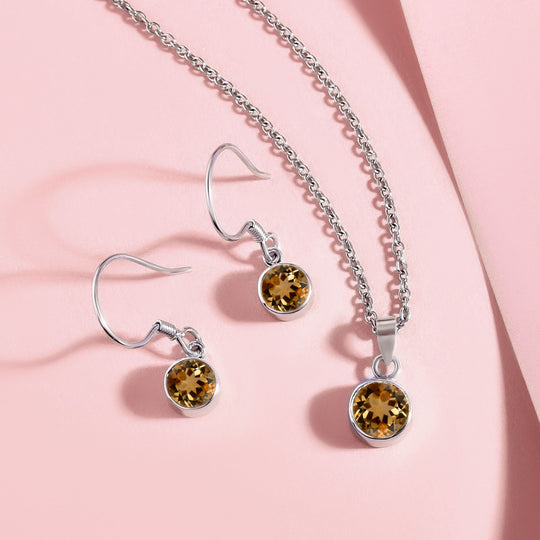 Citrin-Anhänger mit Kette und Ohrringe, 925 Silber Edelstahl, ca. 2.58 ct