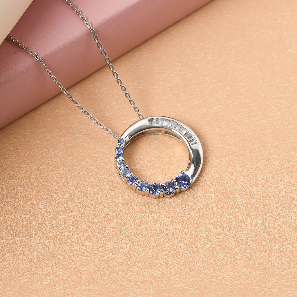AA Tansanit und Zirkon Anhänger mit Silberkette 50 cm 925 Silber platiniert ca. 1,42 ct