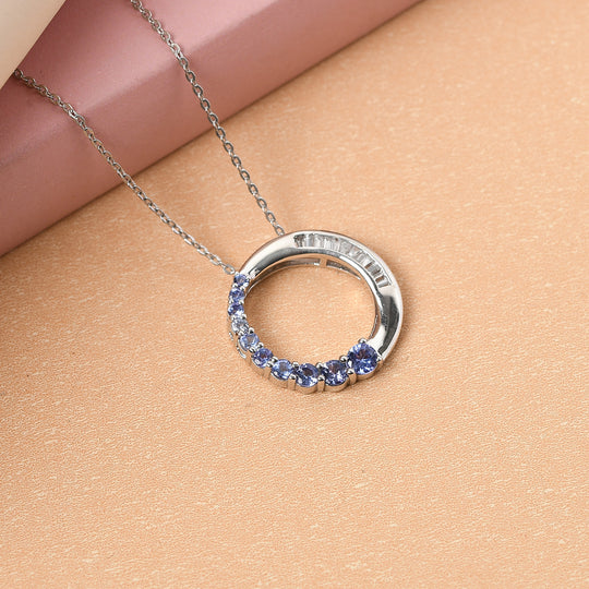 AA Tansanit und Zirkon Anhänger mit Silberkette 50 cm 925 Silber platiniert ca. 1,42 ct