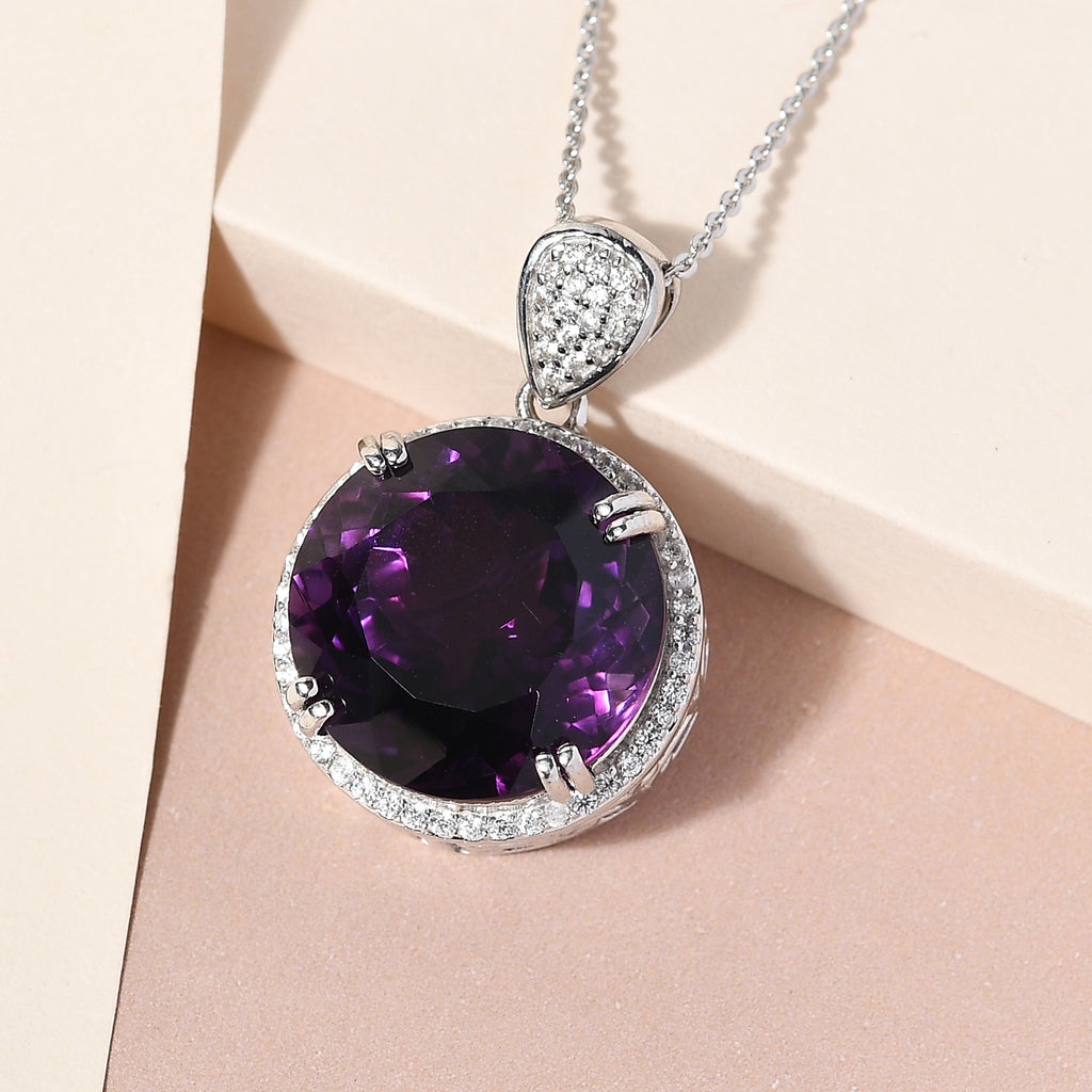Lusaka Amethyst und Zirkon-Anhänger mit Kette, 50 cm, 925 Silber platiniert ca. 15.33 ct