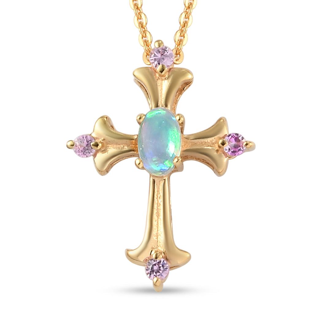 Natürlicher Äthiopischer Opal und Rosa Saphir Kreuz Anhänger mit Silberkette 50 cm 925 Silber vergoldet ca. 0,26 ct