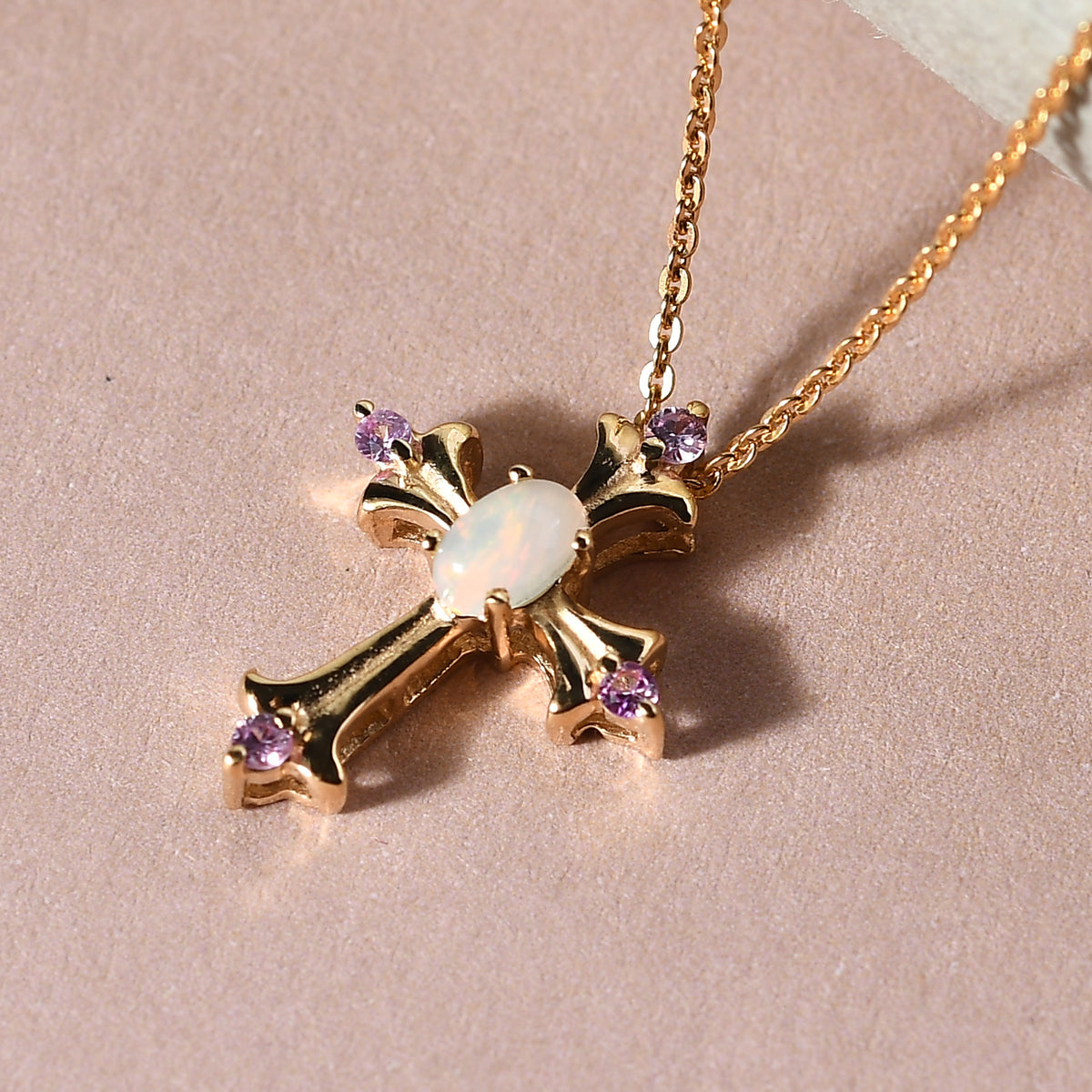Natürlicher Äthiopischer Opal und Rosa Saphir Kreuz Anhänger mit Silberkette 50 cm 925 Silber vergoldet ca. 0,26 ct