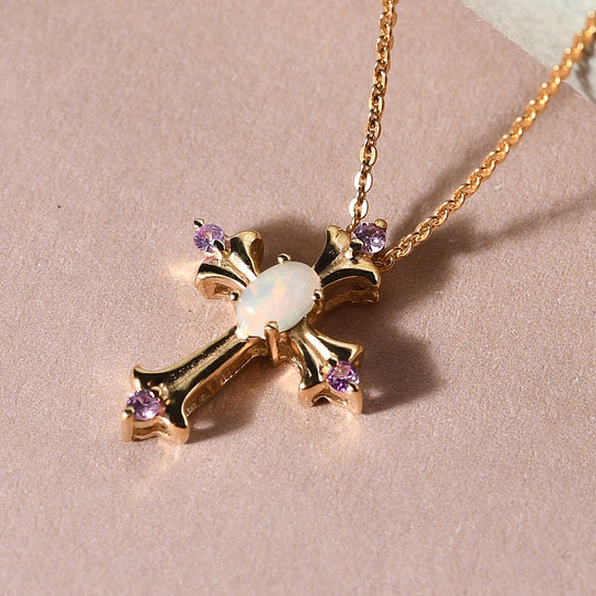 Natürlicher Äthiopischer Opal und Rosa Saphir Kreuz Anhänger mit Silberkette 50 cm 925 Silber vergoldet ca. 0,26 ct
