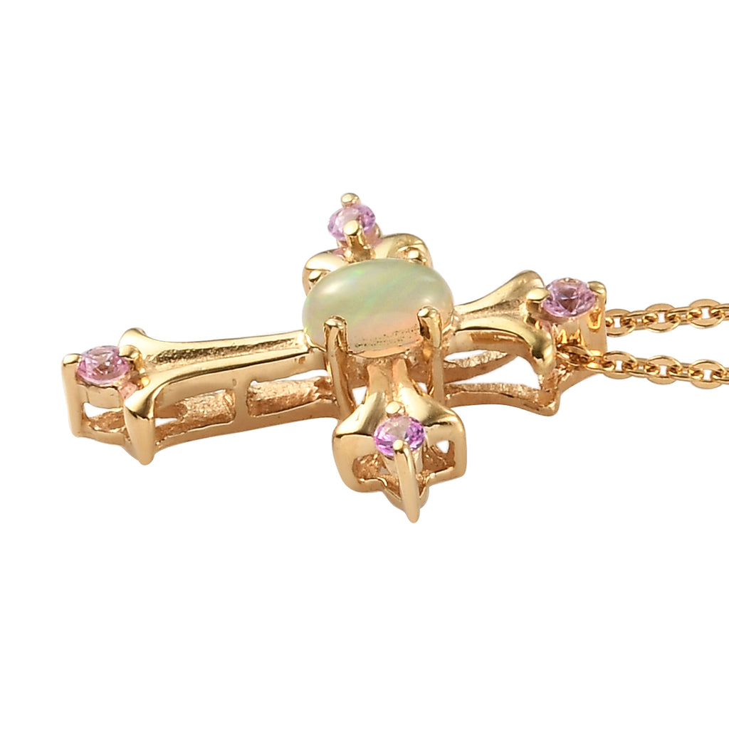Natürlicher Äthiopischer Opal und Rosa Saphir Kreuz Anhänger mit Silberkette 50 cm 925 Silber vergoldet ca. 0,26 ct